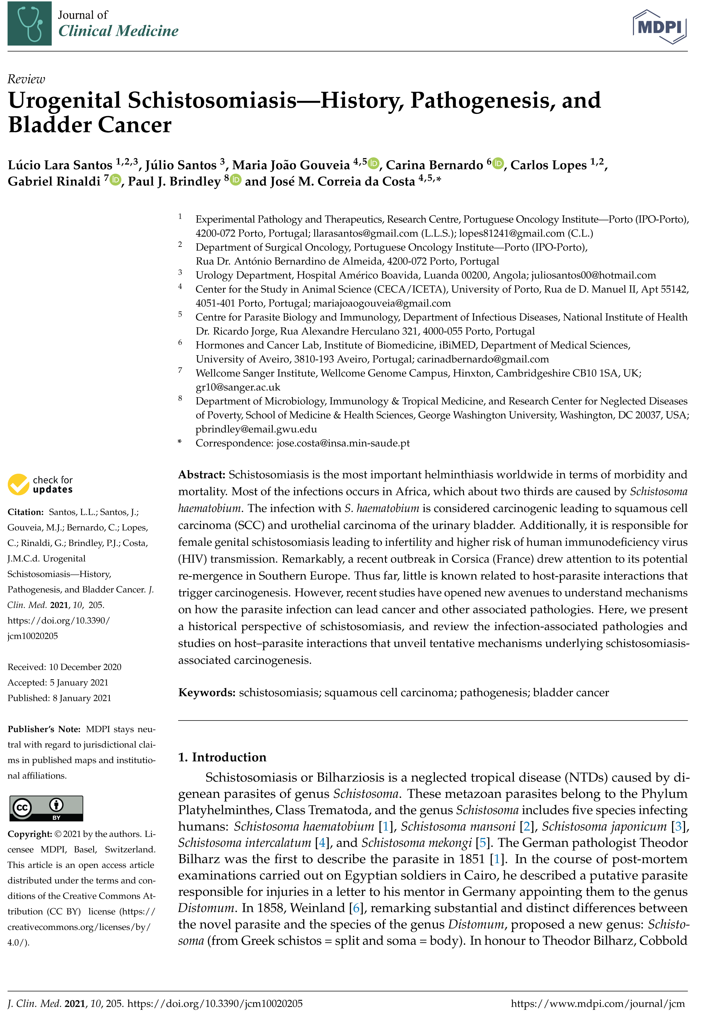 Urogenital Schistosomiasis - History, Pathogenesis, and Bladder Cancer