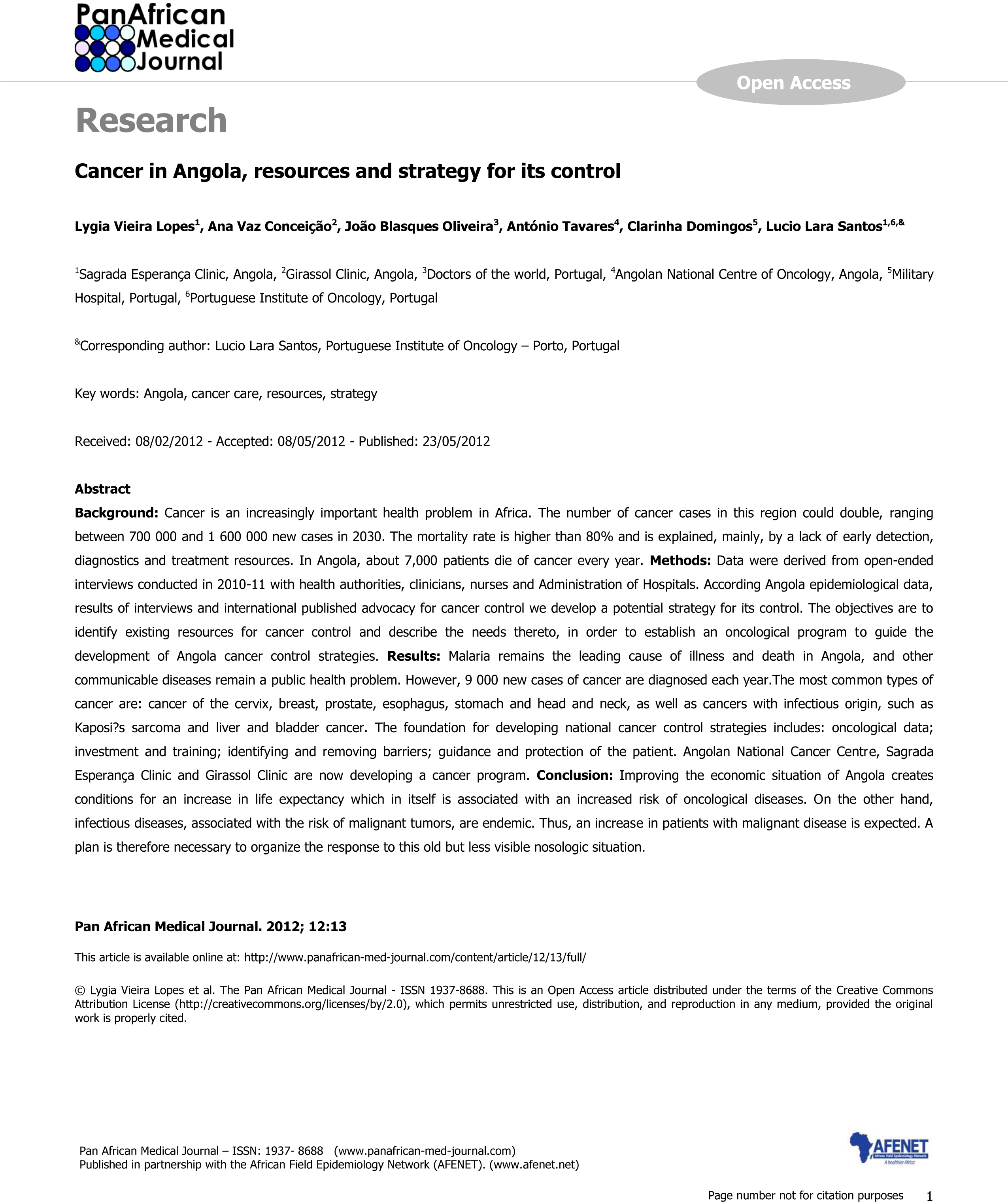 Cancer in Angola, resources and strategy for its control