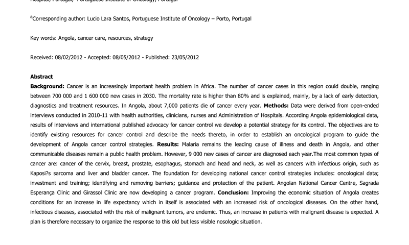 Cancer in Angola, resources and strategy for its control