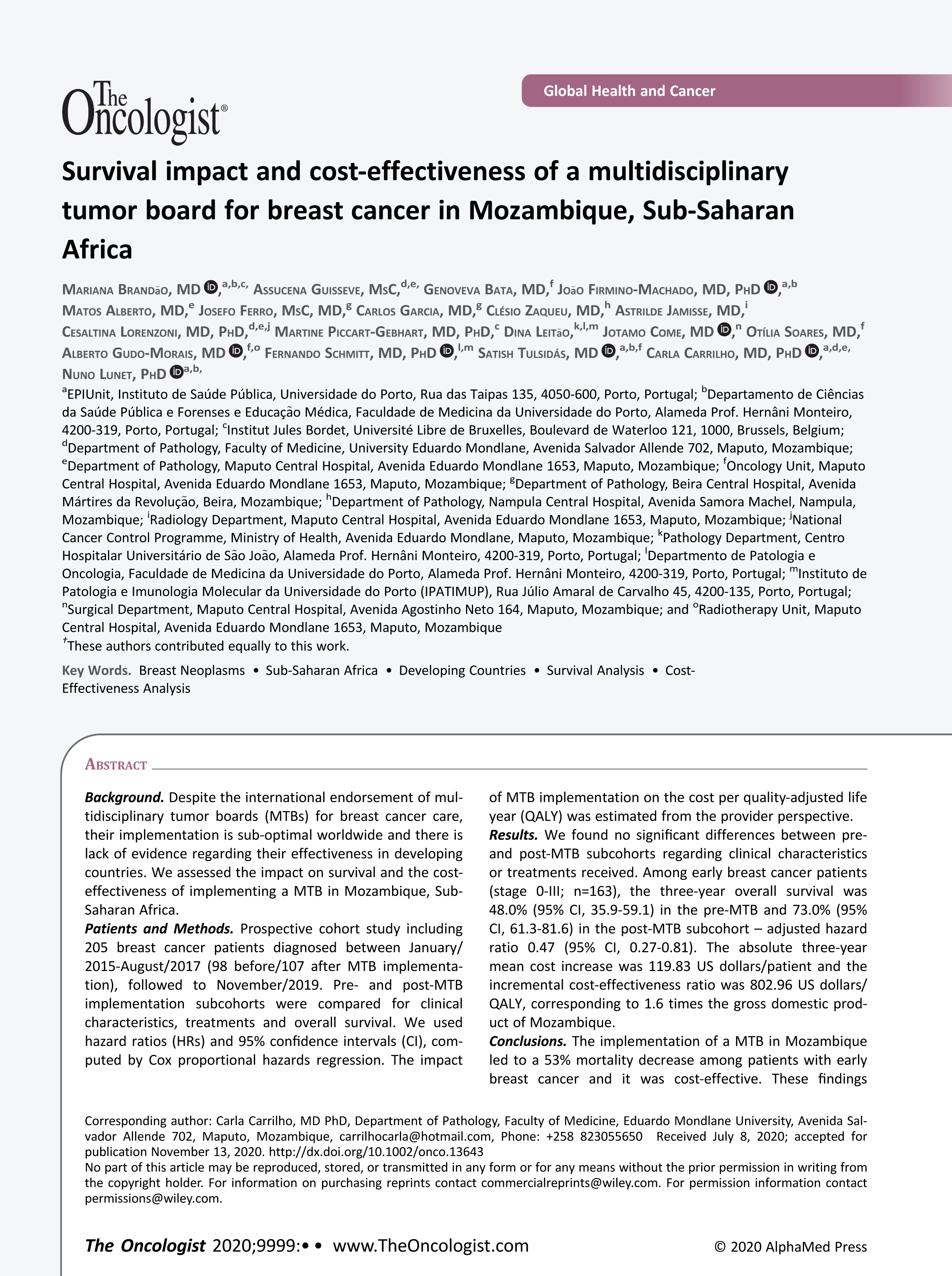 Survival impact and cost-effectiveness of a multidisciplinary tumor board for breast cancer in Mozambique, Sub-Saharan Africa